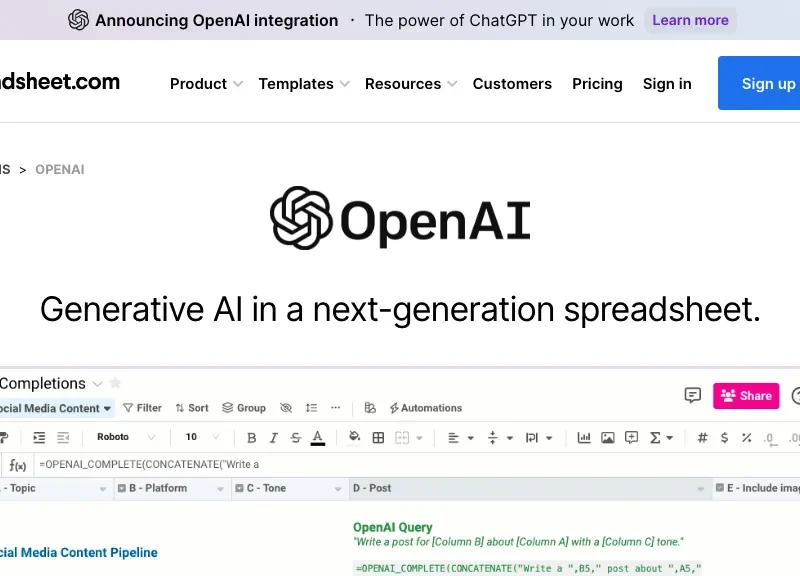 OpenAI In Spreadsheet